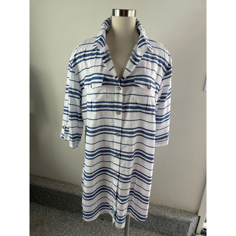 NEW Dotti Womens Plus 1X White Navy Blue Striped Shirt Roll Tab Sleeve Tunic Top